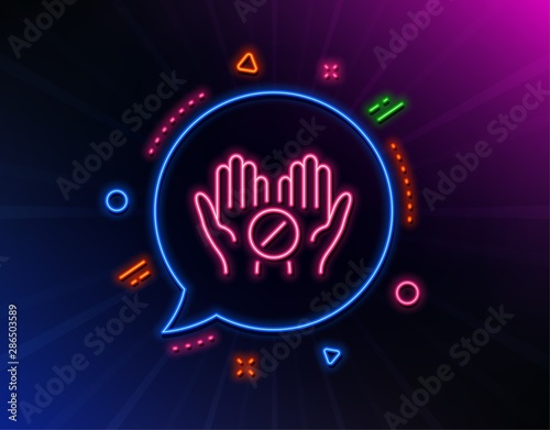 Medical tablet line icon. Neon laser lights. Medicine drugs sign. Pharmacy medication symbol. Glow laser speech bubble. Neon lights chat bubble. Banner badge with medical tablet icon. Vector