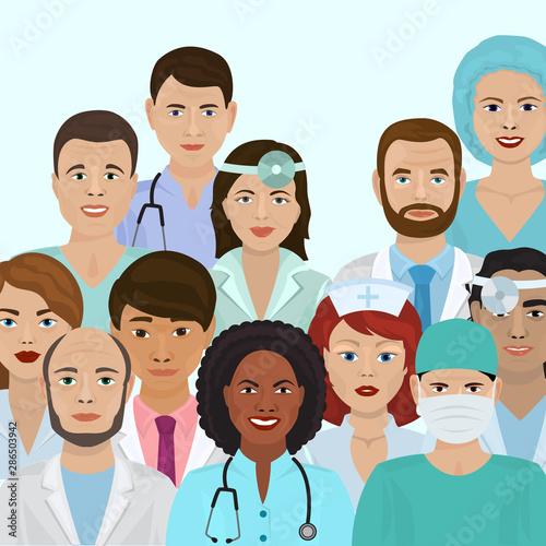 Medical staff, male and female doctors healthcare vector illustration. Health care hospital medical staff people in uniform doctor, nurse. Professional medicine team concept.