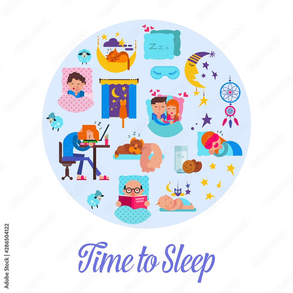 Sleep time flat vector illustration. Cartoon set with sleeping people, alarm clock, pillows and bedroom attributes, sweet dreams and baby asleep. Sleep time flat vector illustration. Cartoon set with sleeping people, alarm clock, pillows and bedroom attributes, sweet dreams and baby asleep.