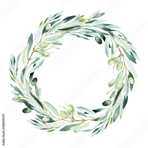 Watercolor olive wreath. Sketch of olive branch on white background.