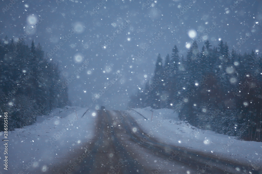 Naklejka premium snow and fog on the winter road landscape / view of the seasonal weather a dangerous road, a winter lonely landscape