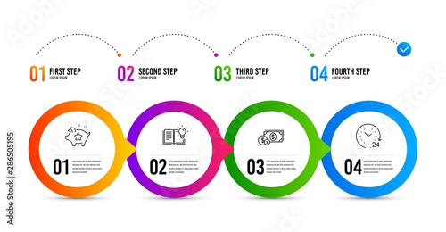 Dollar money, Product knowledge and Loyalty points line icons set. Timeline infographic. 24 hours sign. Cash with coins, Education process, Piggy bank. Time. Business set. Dollar money icon. Vector