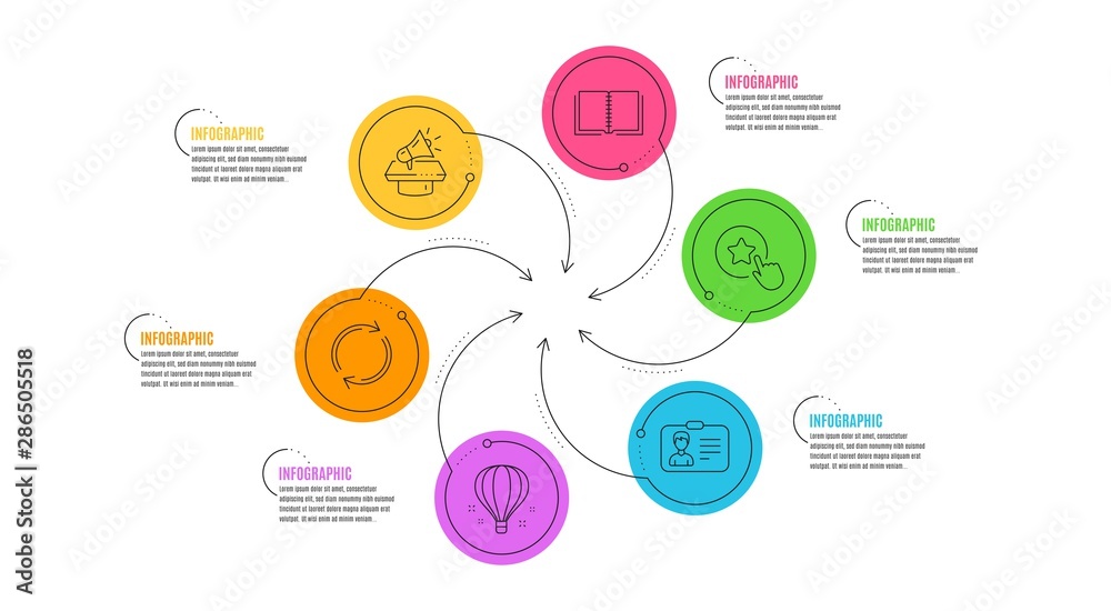 Fototapeta premium Identification card, Book and Full rotation line icons set. Infographic timeline. Megaphone, Loyalty star and Air balloon signs. Person document, E-learning course, Refresh or reload. Vector