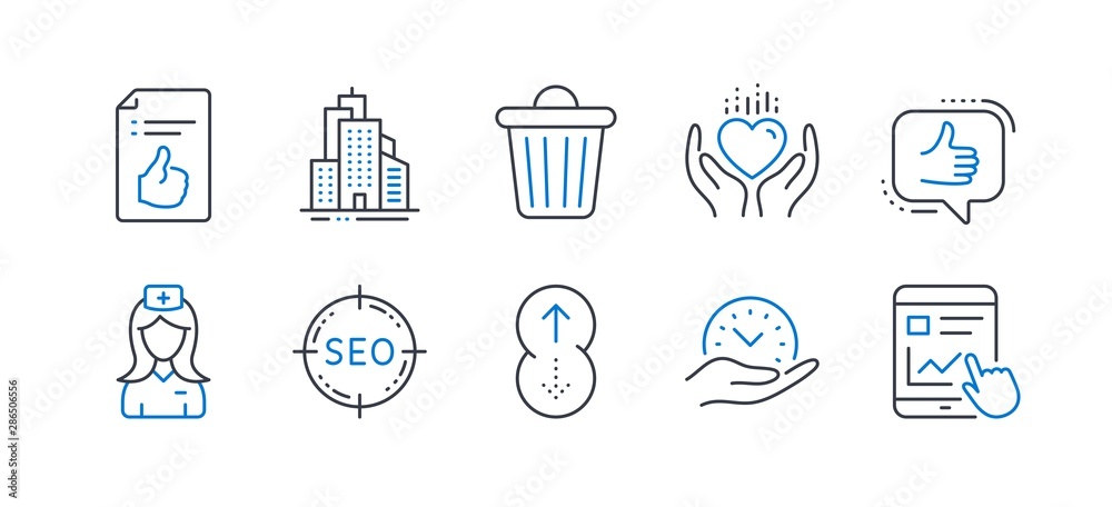 Set of Business icons, such as Skyscraper buildings, Hospital nurse, Swipe up, Trash bin, Safe time, Seo, Hold heart, Approved document, Like, Internet report line icons. Vector Set of Business icons, such as Skyscraper buildings, Hospital nurse, Swipe up, Trash bin, Safe time, Seo, Hold heart, Approved document, Like, Internet report line icons. Vector