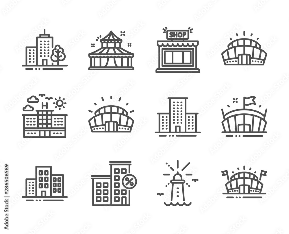 Set of Buildings icons, such as Lighthouse, University campus, Arena stadium, Arena, Skyscraper building, Sports stadium, Hotel, Circus, Loan house, Shop line icons. Lighthouse icon. Vector