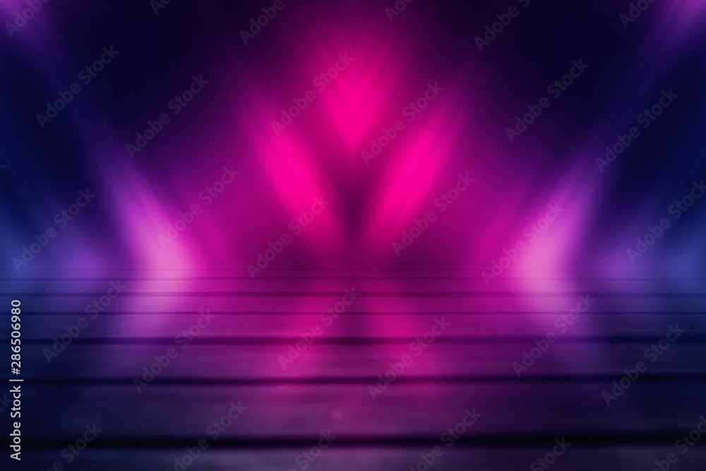 Obraz premium Background of empty dark scene with wooden old floor. Neon light smoke. Dark abstract background