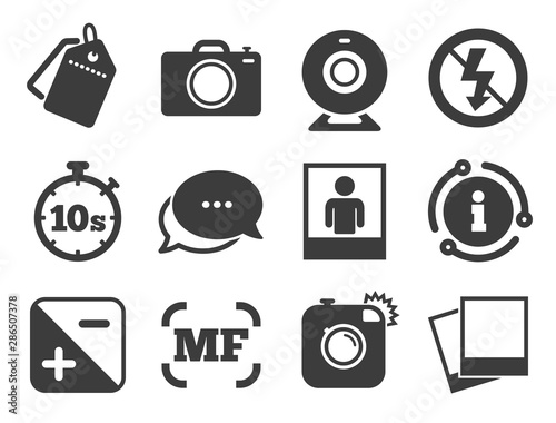 Web camera, photos and frame signs. Discount offer tag, chat, info icon. Photo, video icons. No flash, timer and portrait symbols. Classic style signs set. Vector