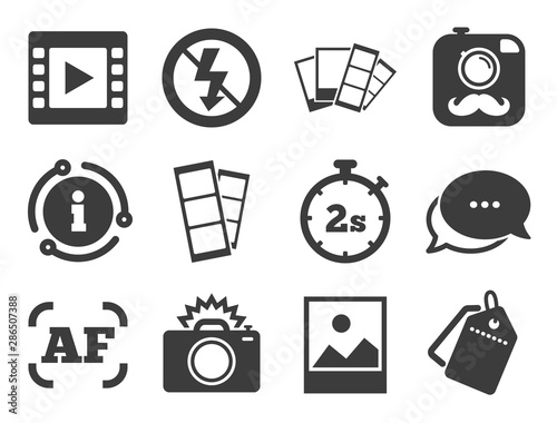 Camera, photos and frame signs. Discount offer tag, chat, info icon. Photo, video icons. No flash, timer and strips symbols. Classic style signs set. Vector
