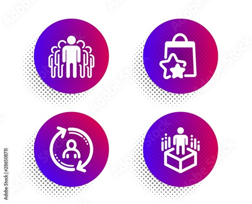 Loyalty points, Group and User info icons simple set. Halftone dots button. Augmented reality sign. Bonus bags, Managers, Update profile. Virtual reality. Technology set. Vector
