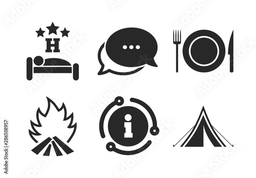 Knife, fork and dish. Chat, info sign. Food, sleep, camping tent and fire icons. Hotel or bed and breakfast. Road signs. Classic style speech bubble icon. Vector