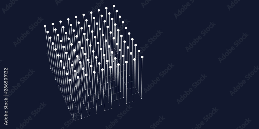 Geometric box in perspective shape made up of lines and dots .