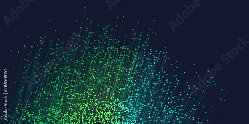 Abstract background with chaotic flow of colored dots with a straight track in dark.