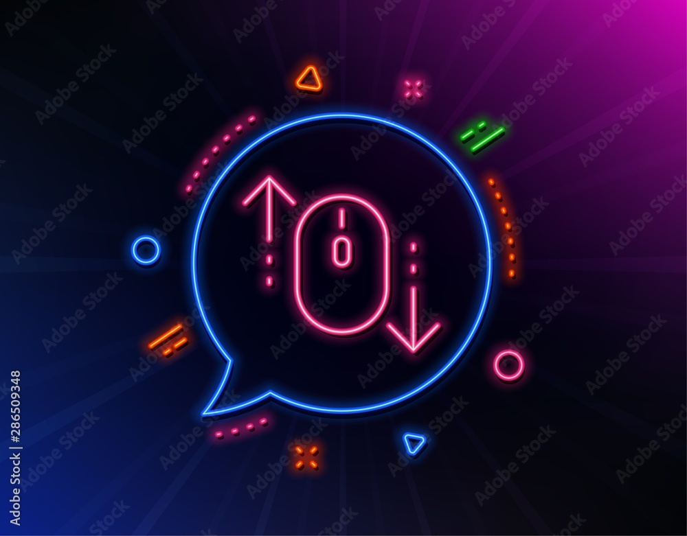 Scroll down mouse line icon. Neon laser lights. Scrolling screen sign. Swipe page. Glow laser speech bubble. Neon lights chat bubble. Banner badge with scroll down icon. Vector
