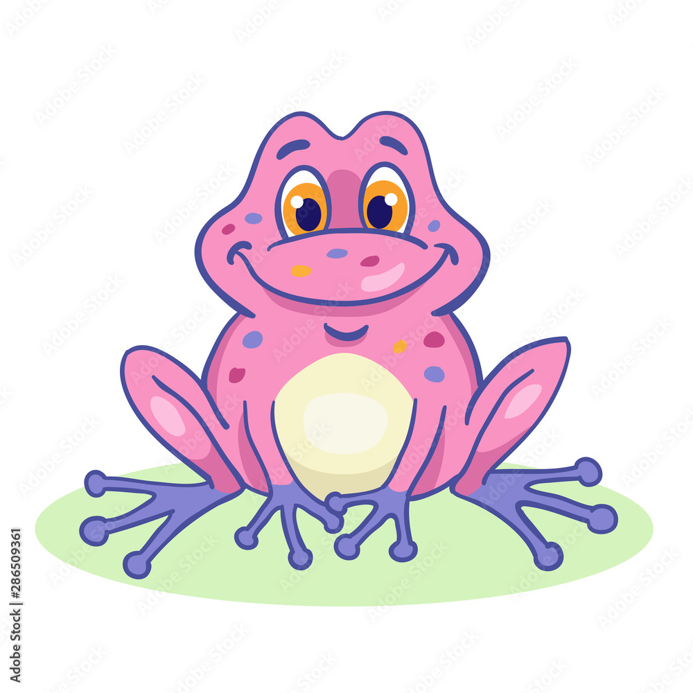 Little funny pink frog is sitting. In cartoon style. Isolated on a