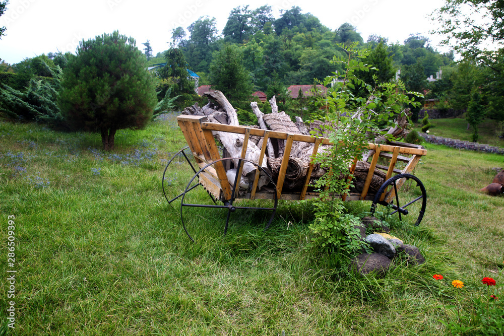 Vintage wooden cart in the village, close up