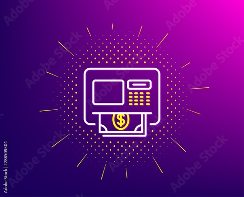 ATM line icon. Halftone pattern. Money withdraw sign. Payment machine symbol. Gradient background. ATM line icon. Yellow halftone pattern. Vector