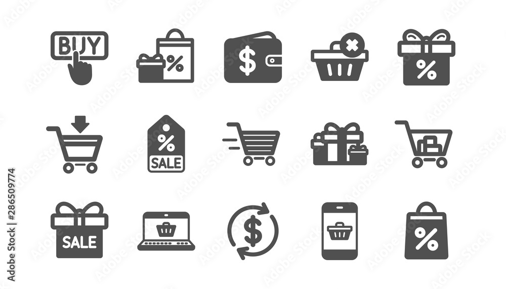 Shopping icons. Gift, Percent sign and Sale discount. Delivery classic icon set. Quality set. Vector