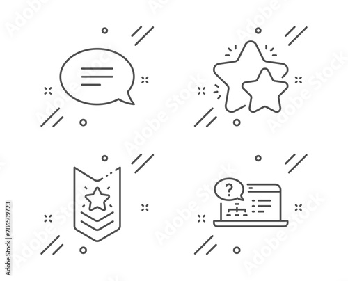Shoulder strap, Chat and Star line icons set. Online help sign. Star rank, Speech bubble, Customer feedback. Web support. Business set. Line shoulder strap outline icon. Vector