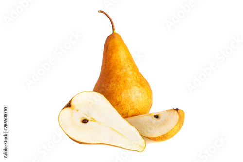 Organic pear. Fruit with half and quarter isolated on white background.