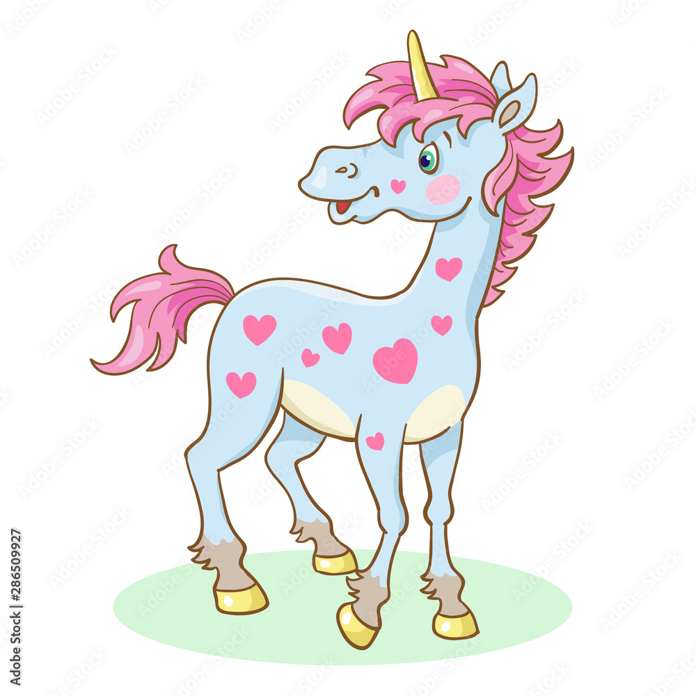 Fototapeta premium Little cute unicorn standing on the glade. Isolated on white background. In cartoon style.