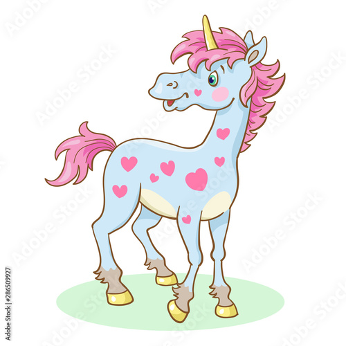 Little cute unicorn standing on the glade. Isolated on white background. In cartoon style.