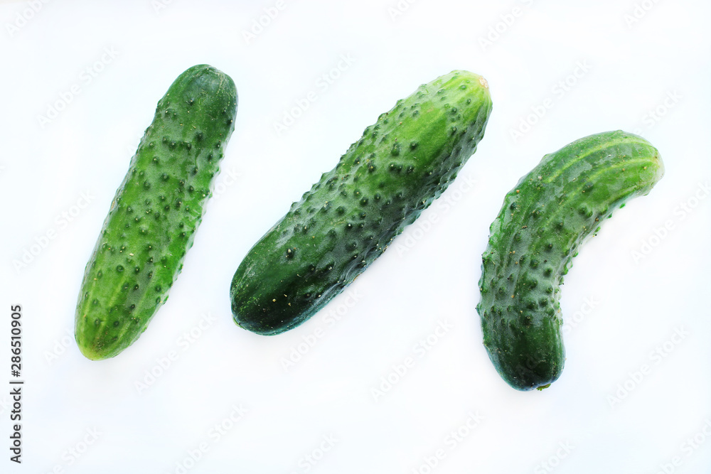 3 cucumbers on a white background. Isolated objects without shadows. 3 cucumbers on a white background. Isolated objects without shadows.