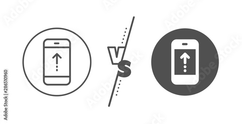 Scrolling arrow sign. Versus concept. Swipe up phone line icon. Landing page scroll symbol. Line vs classic swipe up icon. Vector