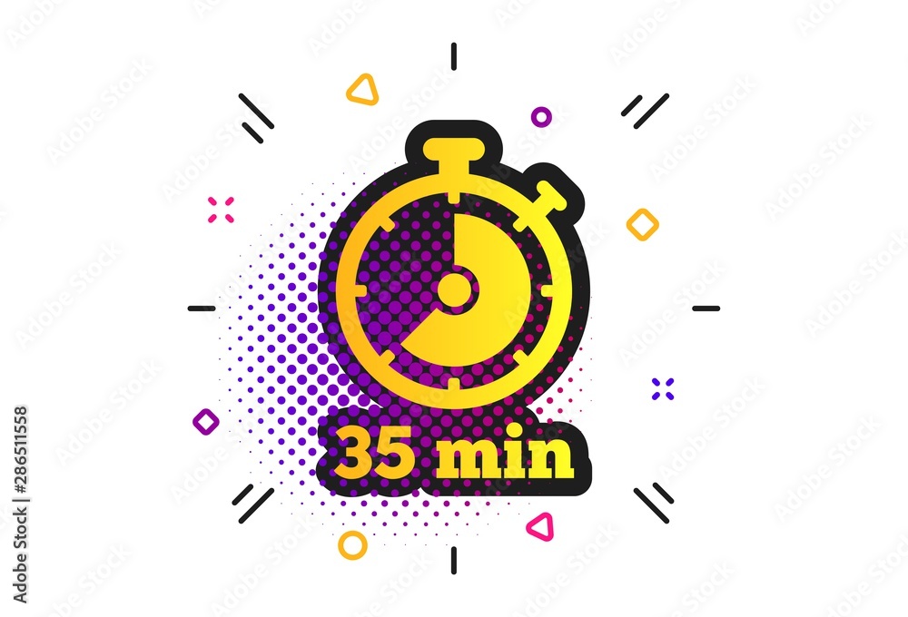 Timer sign icon. Halftone dots pattern. 35 minutes stopwatch symbol. Classic flat timer icon. Vector