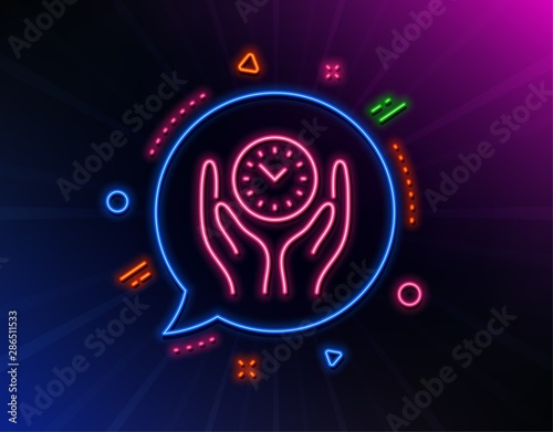 Safe time line icon. Neon laser lights. Clock sign. Office management symbol. Glow laser speech bubble. Neon lights chat bubble. Banner badge with safe time icon. Vector