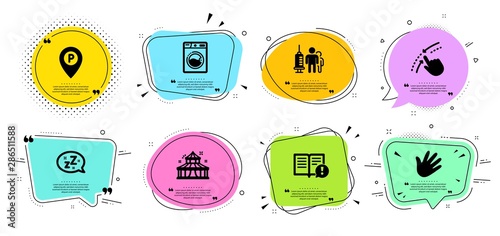 Medical vaccination, Swipe up and Circus line icons set. Chat bubbles with quotes. Hand, Sleep and Parking signs. Washing machine, Facts symbols. Syringe vaccine, Touch down. Business set. Vector