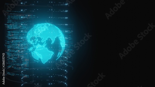 3D Rendering of digital hologram earth with wire frame and glowing led blue color on blur software source code programming background. For world global topic, news headline, big data, machine learning photo