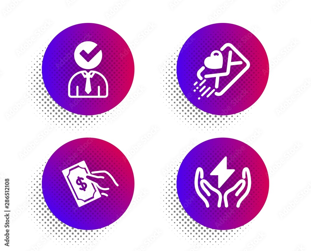 Vacancy, Pay money and Love letter icons simple set. Halftone dots button. Safe energy sign. Businessman concept, Hold cash, Heart. Thunderbolt. People set. Classic flat vacancy icon. Vector