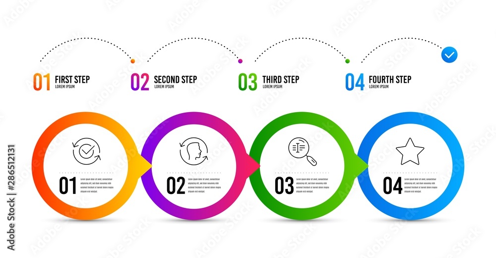 Approved, Search text and Face id line icons set. Timeline infographic. Star sign. Refresh symbol, Find word, Identification system. Best rank. Technology set. Approved icon. Timeline diagram. Vector
