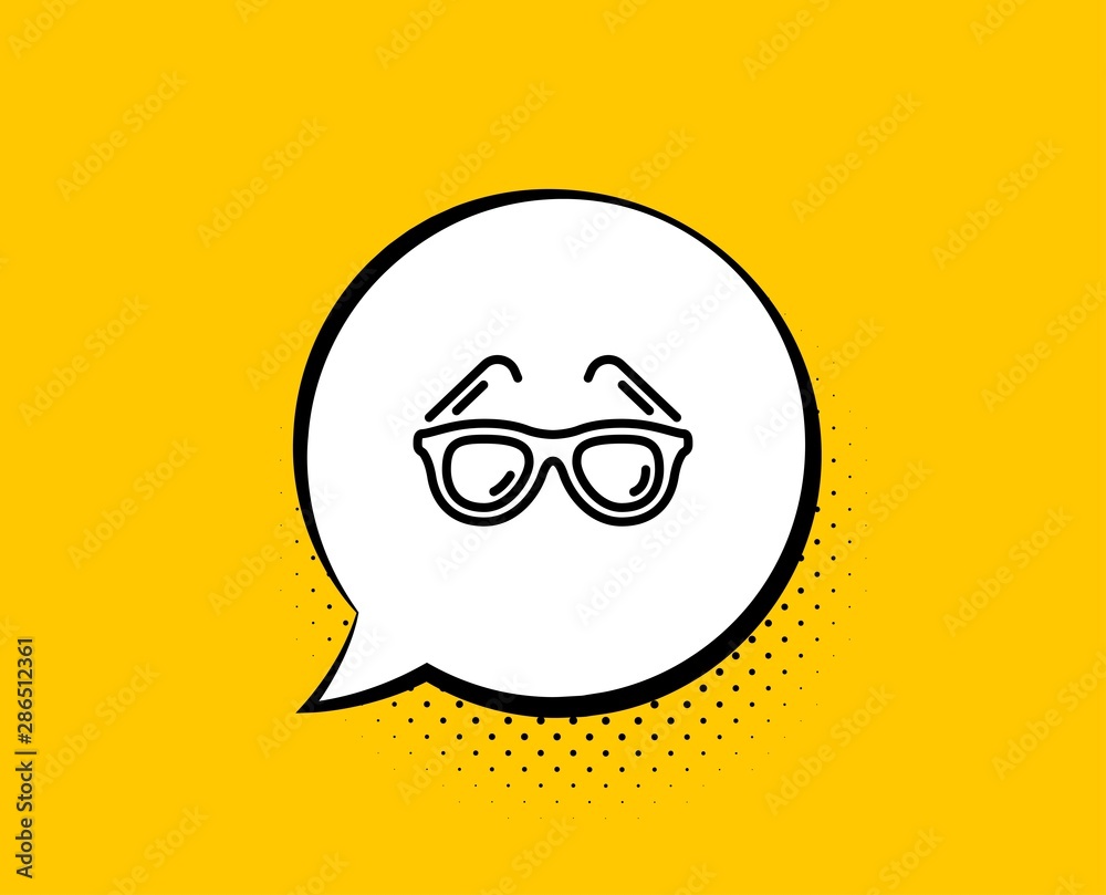 Obraz premium Travel sunglasses line icon. Comic speech bubble. Trip sun glasses sign. Holidays symbol. Yellow background with chat bubble. Sunglasses icon. Colorful banner. Vector