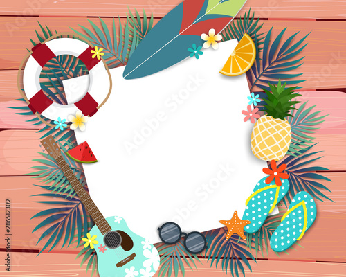 Summer vector banner design with white squares for text and surfboard  guitar  slippers and lifebuoy