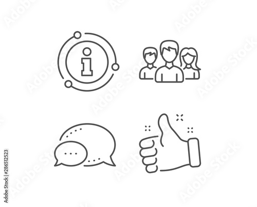 Group line icon. Chat bubble, info sign elements. Users or Teamwork sign. Male and Female Person silhouette symbol. Linear teamwork outline icon. Information bubble. Vector