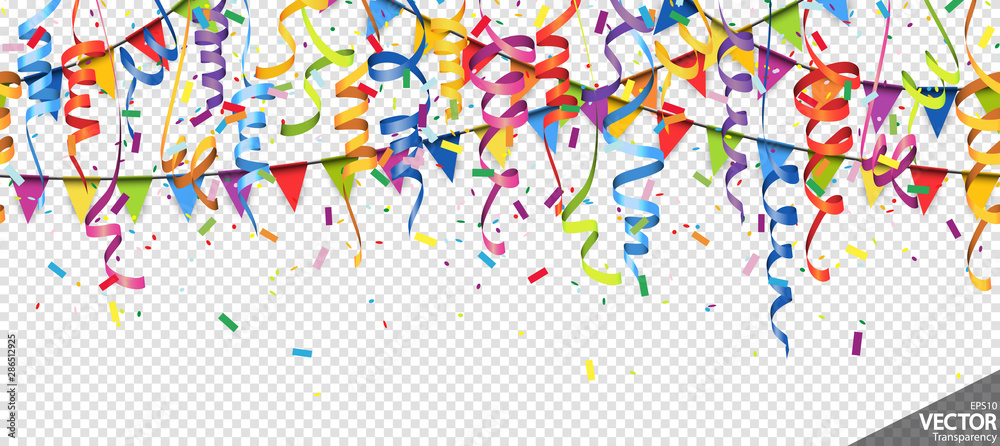 confetti, garlands and streamers party background - obrazy, fototapety, plakaty 