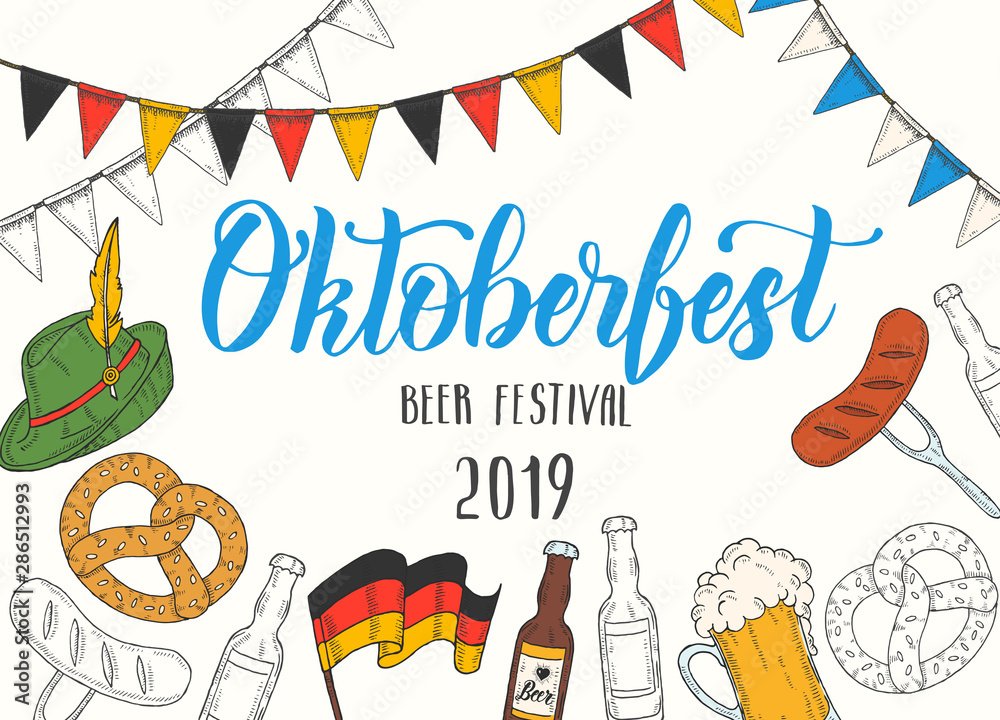 Oktoberfest celebration poster with hand drawn doodle and colored glass of beer, hat, flag garland, pretzel, sausage, flag on blackboard. Hand made lettering. Sketch. Oktoberfest design 