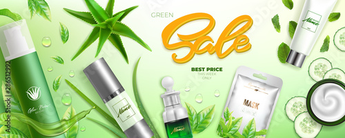 Advertising poster for cosmetic product for catalog, magazine. Vector design of cosmetic package.Moisturizing cream, gel, body lotion with green tea, aloe vera, mint, cucumber 