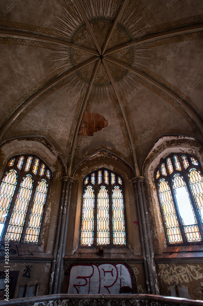 Derelict Sanctuary with Stained Glass - Abandoned Woodward Avenue Presbyterian Church - Detroit, Michigan