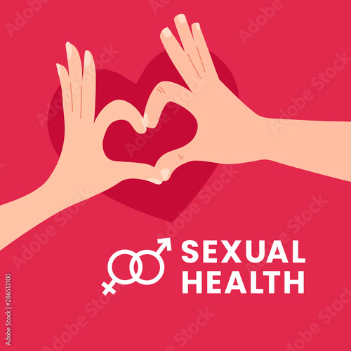 World Sexual Health Day vector illustration poster concept design. Couple man woman make love sign hand gesture with heart shadow background. Flat graphic design style banner template.