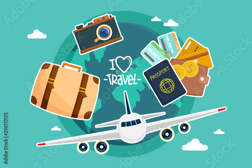 Travel by airplane. World Travel. Planning summer vacations. Tourism and vacation theme.