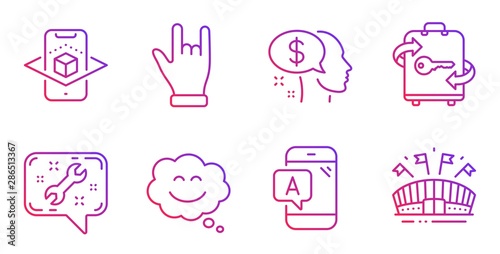 Ab testing, Luggage and Augmented reality line icons set. Spanner, Smile chat and Pay signs. Horns hand, Sports arena symbols. Phone test, Baggage locker. Business set. Vector