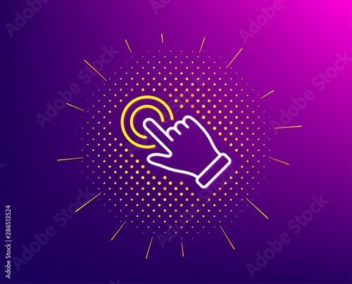 Touchscreen gesture line icon. Halftone pattern. Click hand sign. Push action symbol. Gradient background. Touchscreen gesture line icon. Yellow halftone pattern. Vector