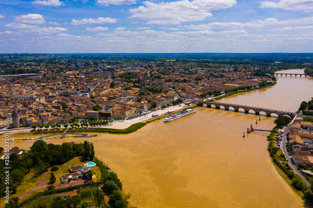 Panoramic view from the drone on the city Libourne. Confluence of the river Ile and Dordogne. France