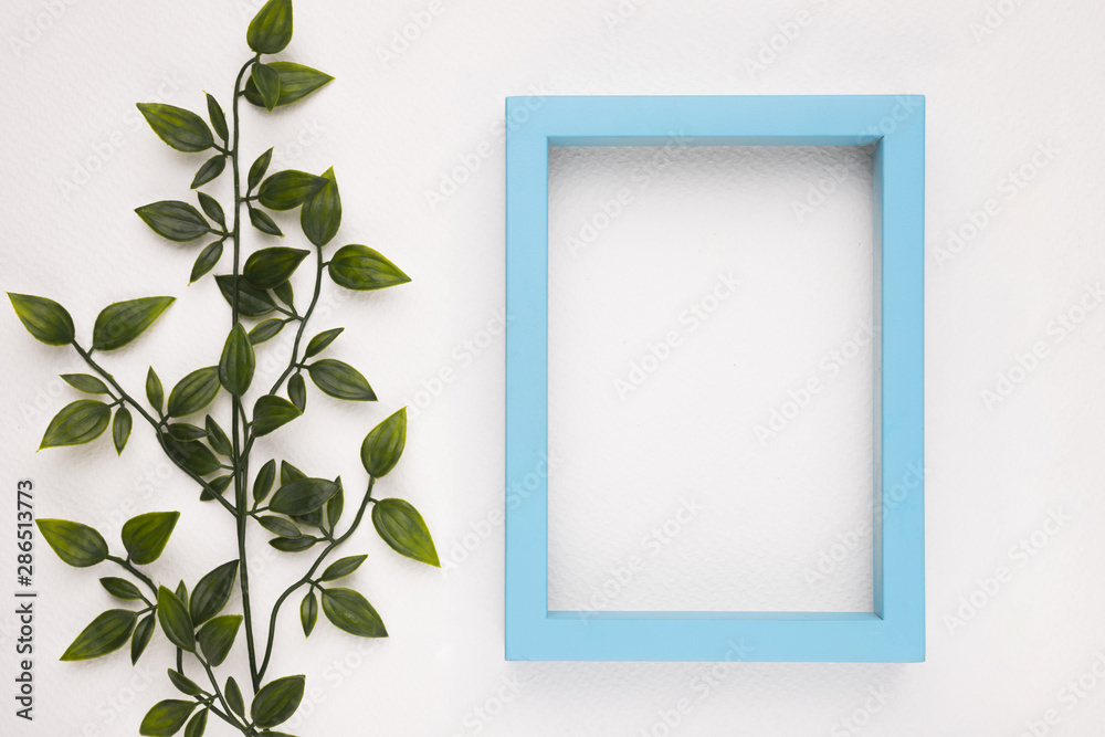Empty blue wooden frame near the artificial plant on white background