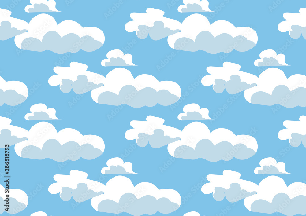 Doodle clouds for decorative design. Cloudscape background. Baby, kids illustration. Vector blue sky clouds. Cute seamless pattern. Fabric texture print.