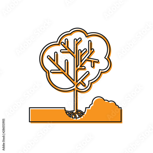 Orange Planting a tree in the ground icon isolated on white background. Gardening, agriculture, caring for environment. Vector Illustration