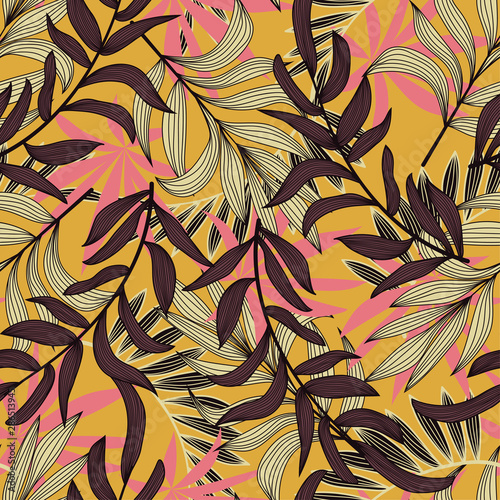 Summer seamless pattern with tropical leaves and plants. Fashionable texture design, textile, fabric, printing. Beautiful ornament. Tropical print, Botanical pattern. Vector design.