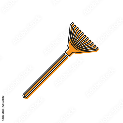 Orange Garden rake for leaves icon isolated on white background. Tool for horticulture, agriculture, farming. Ground cultivator. Vector Illustration
